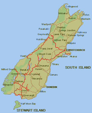 Map of South Island of New Zealand